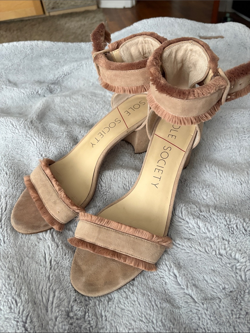 VGC Sole Society Tan Suede Fringe Ankle-Strap Block Heels SIZE 9.5 (41)